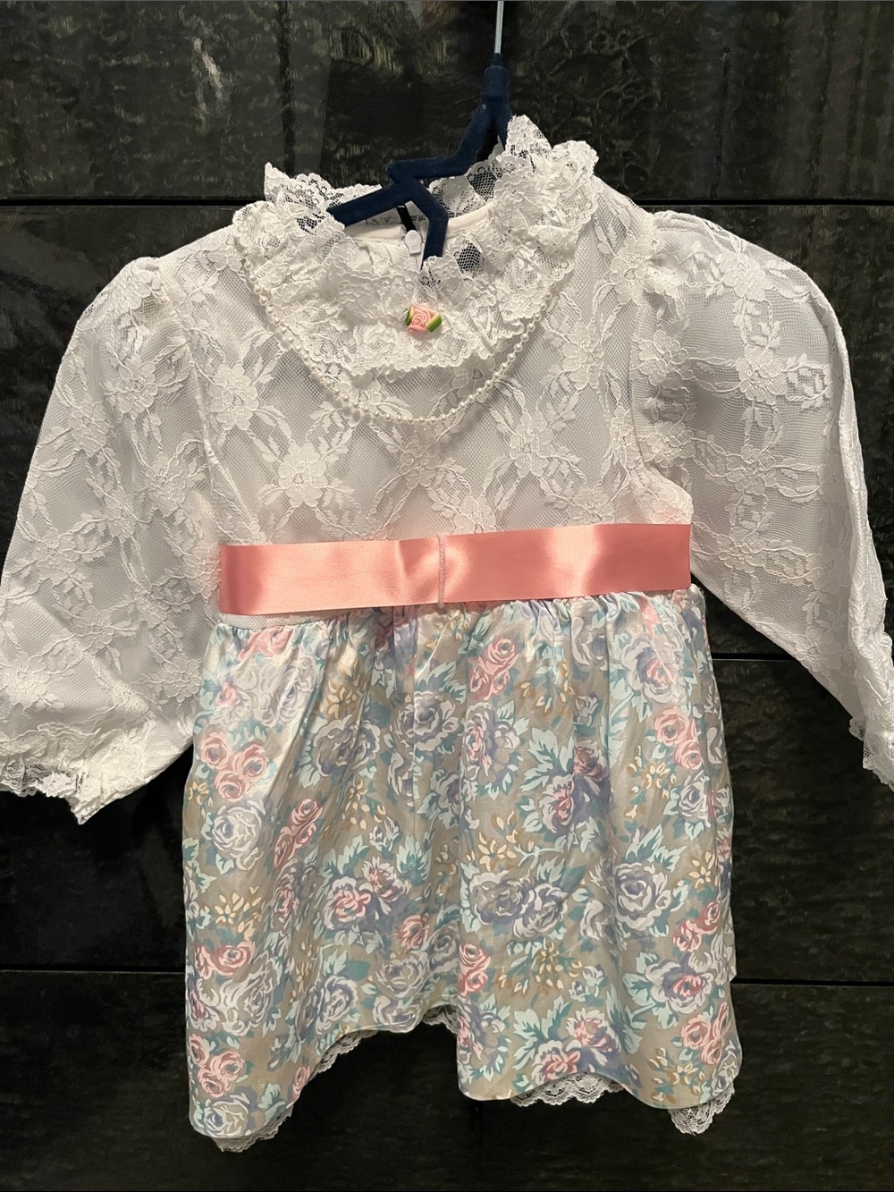 Vintage Girls White Lace & Pastel Floral Dress with Pink Sash